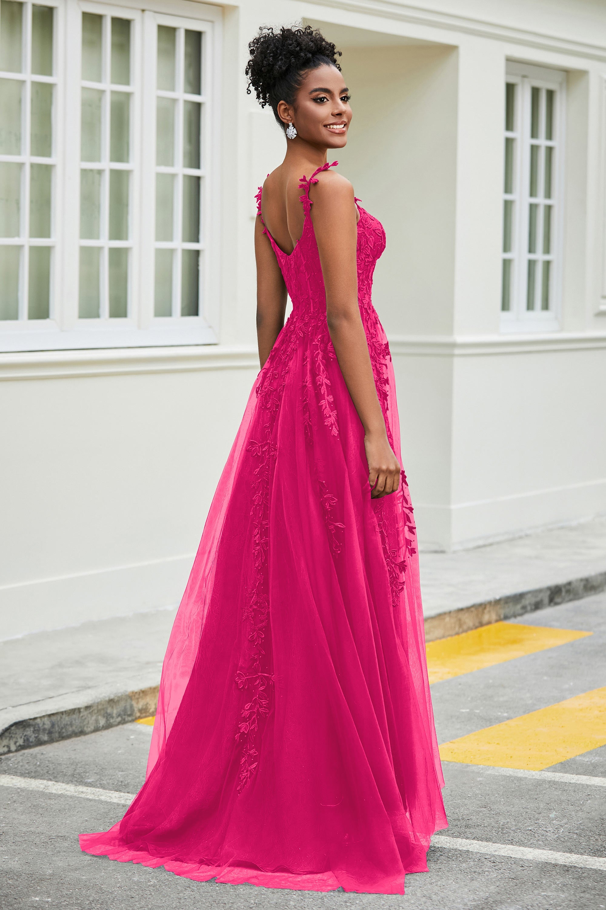 A-Linie Tüll Ballkleid mit Applikationen und Schleppe, mit Schlitz, formelle Abendkleider