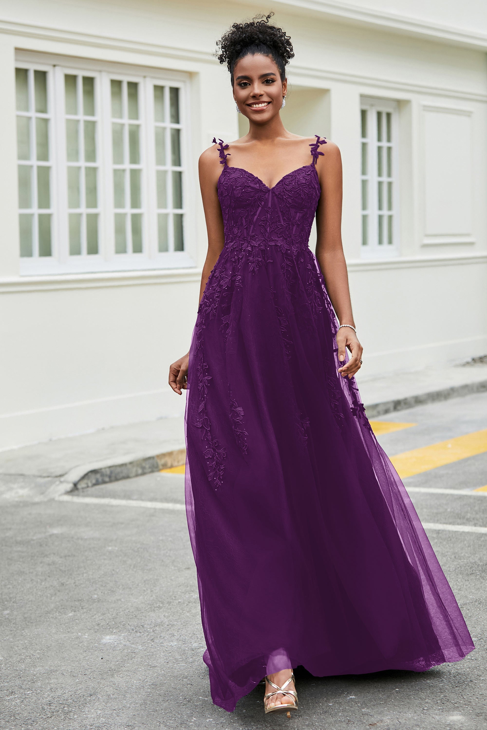 A-Linie Tüll Ballkleid mit Applikationen und Schleppe, mit Schlitz, formelle Abendkleider