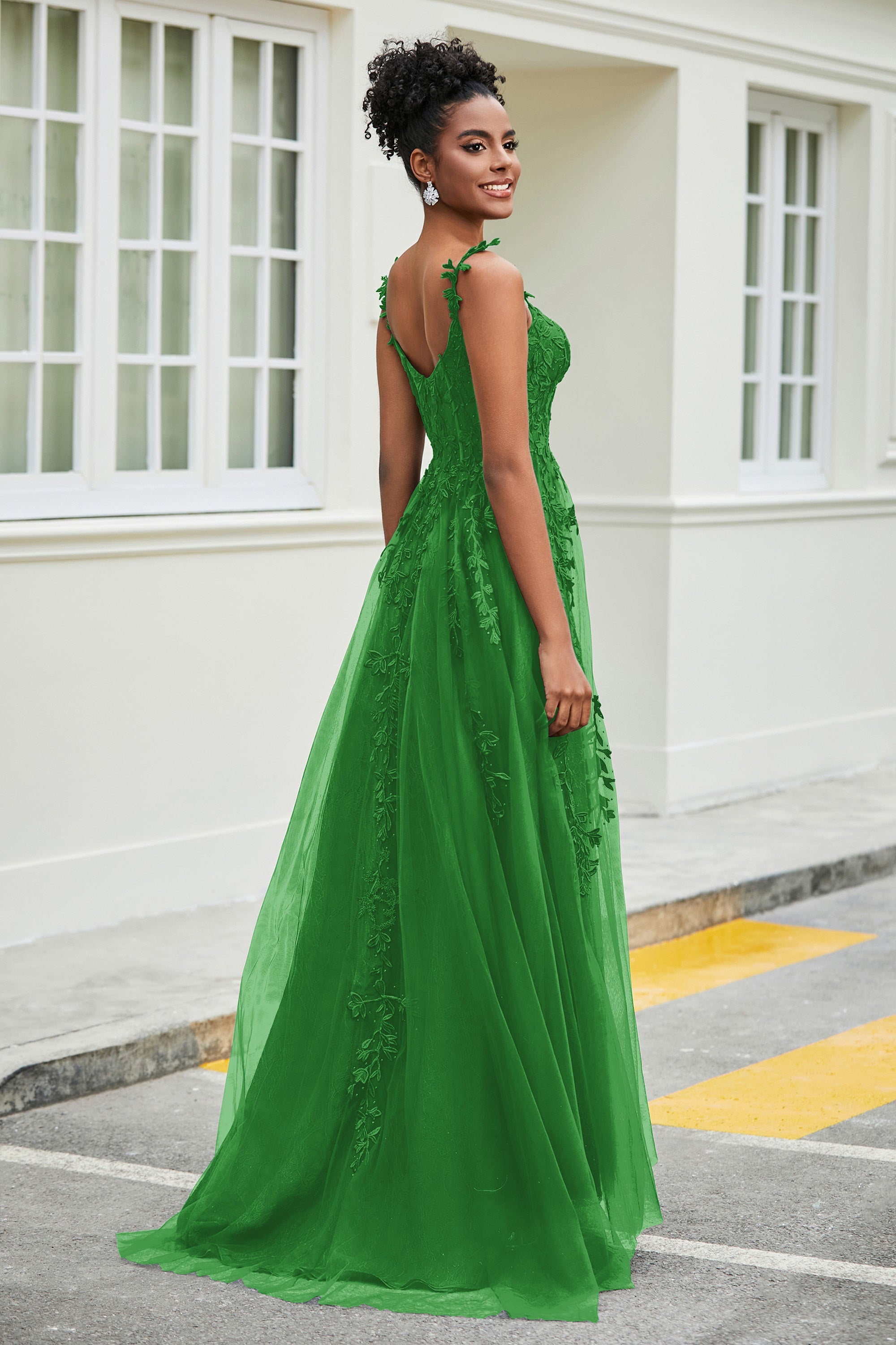 A-Linie Tüll Ballkleid mit Applikationen und Schleppe, mit Schlitz, formelle Abendkleider