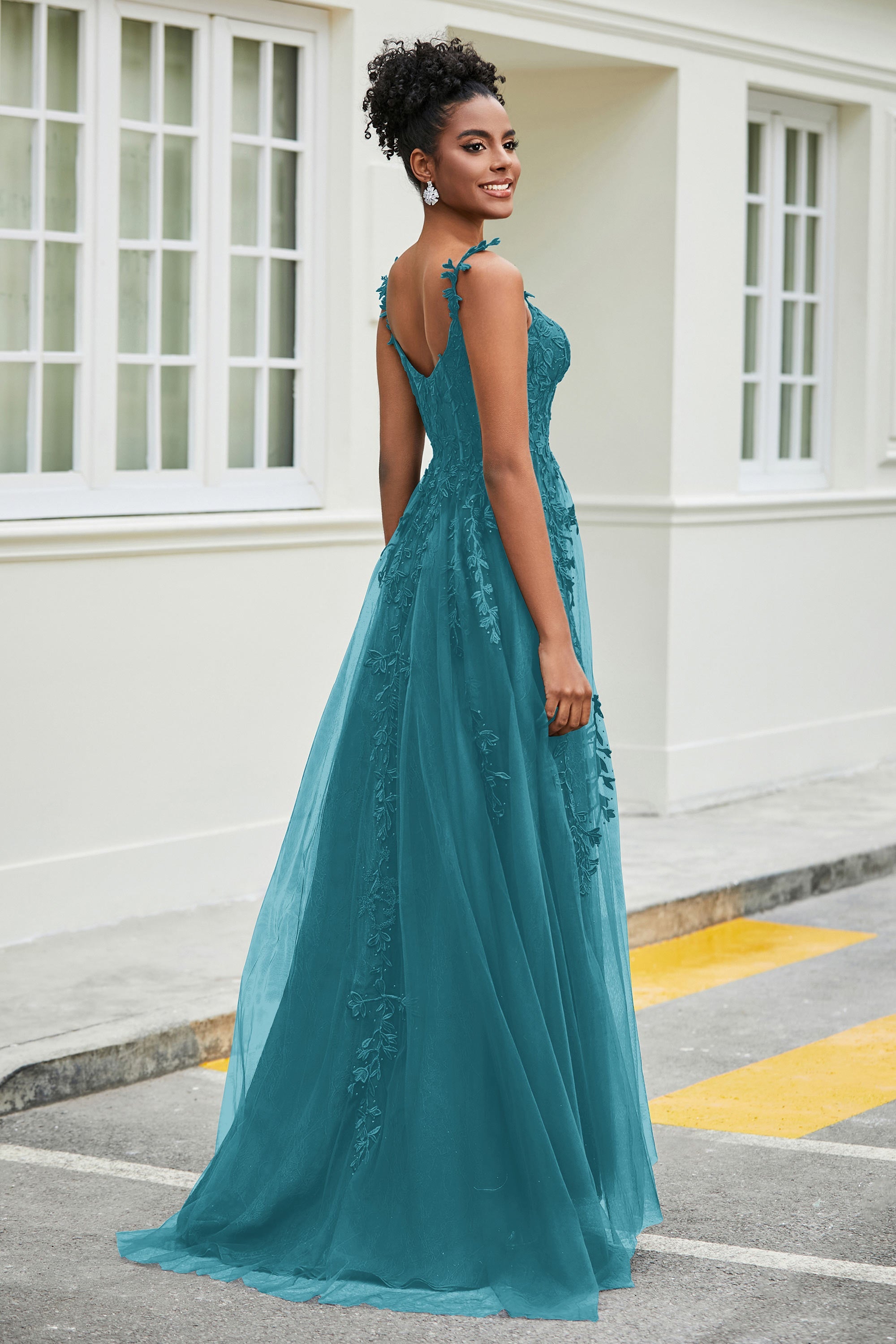 A-Linie Tüll Ballkleid mit Applikationen und Schleppe, mit Schlitz, formelle Abendkleider
