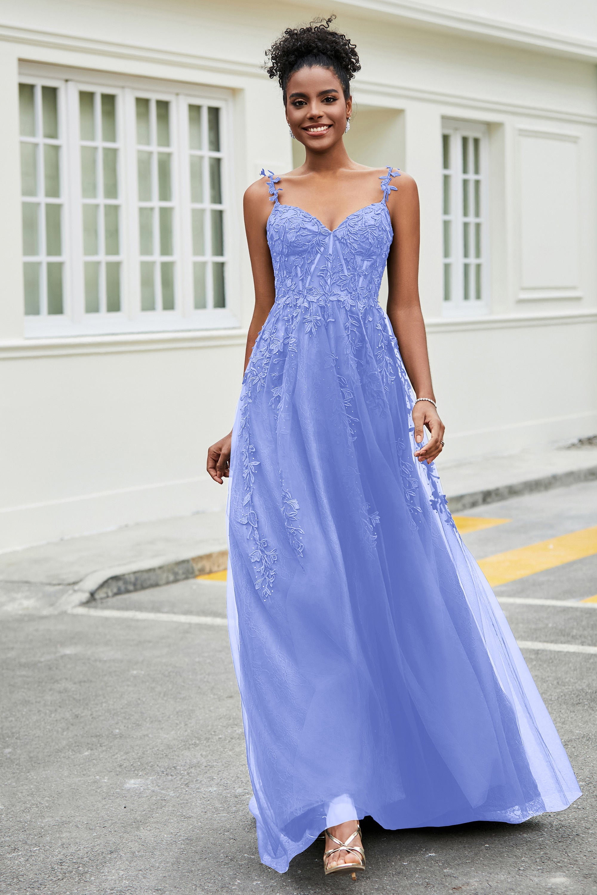 A-Linie Tüll Ballkleid mit Applikationen und Schleppe, mit Schlitz, formelle Abendkleider