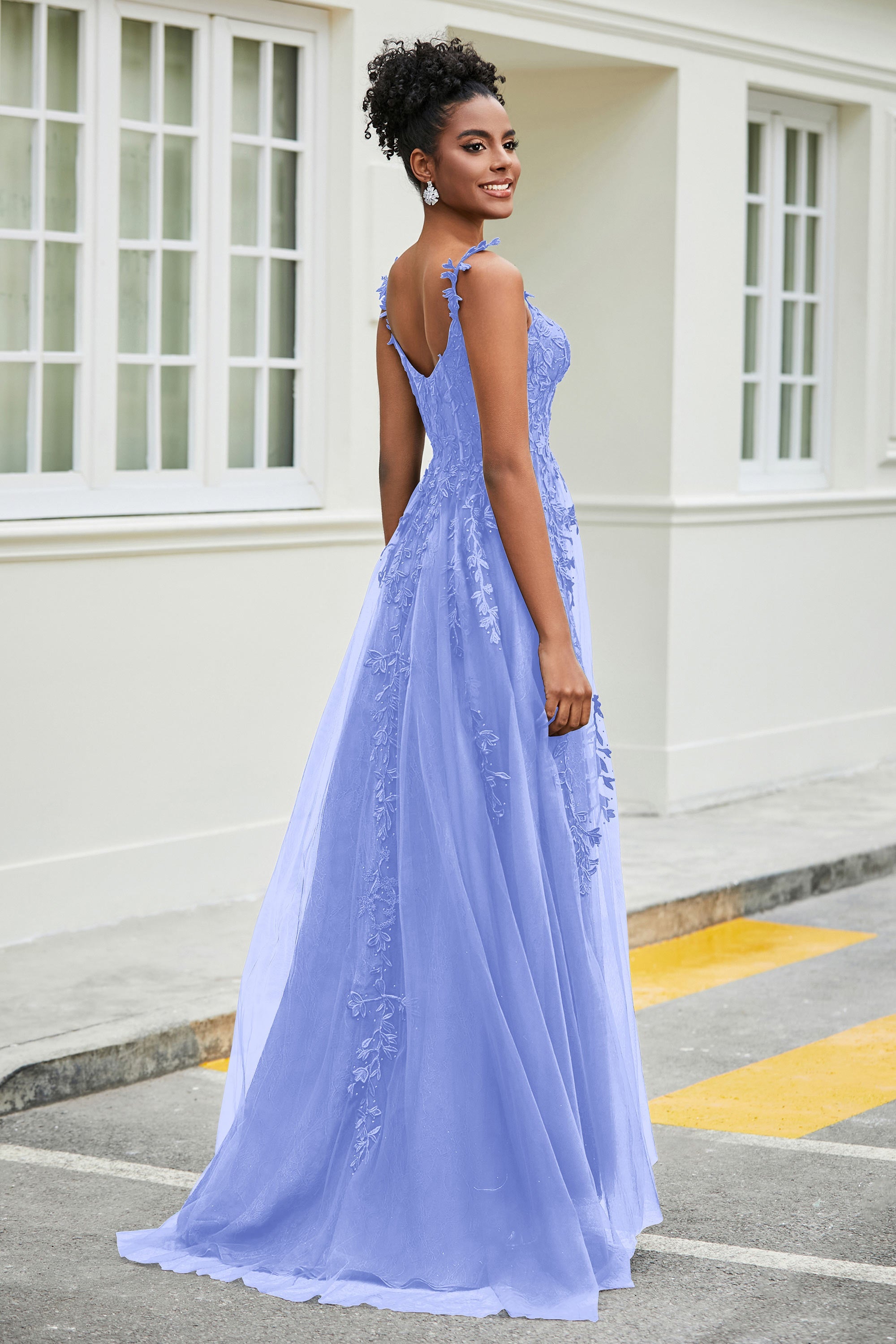 A-Linie Tüll Ballkleid mit Applikationen und Schleppe, mit Schlitz, formelle Abendkleider