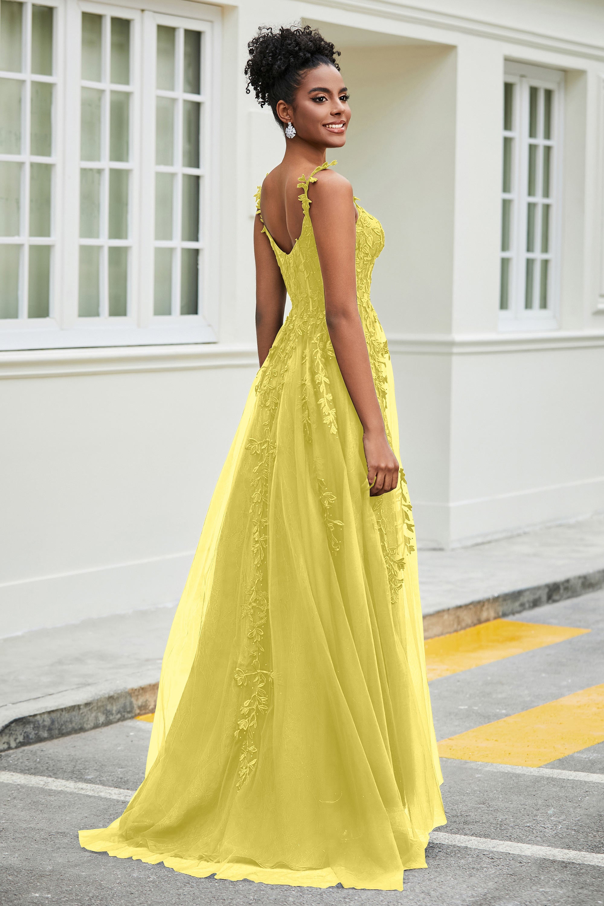 A-Linie Tüll Ballkleid mit Applikationen und Schleppe, mit Schlitz, formelle Abendkleider