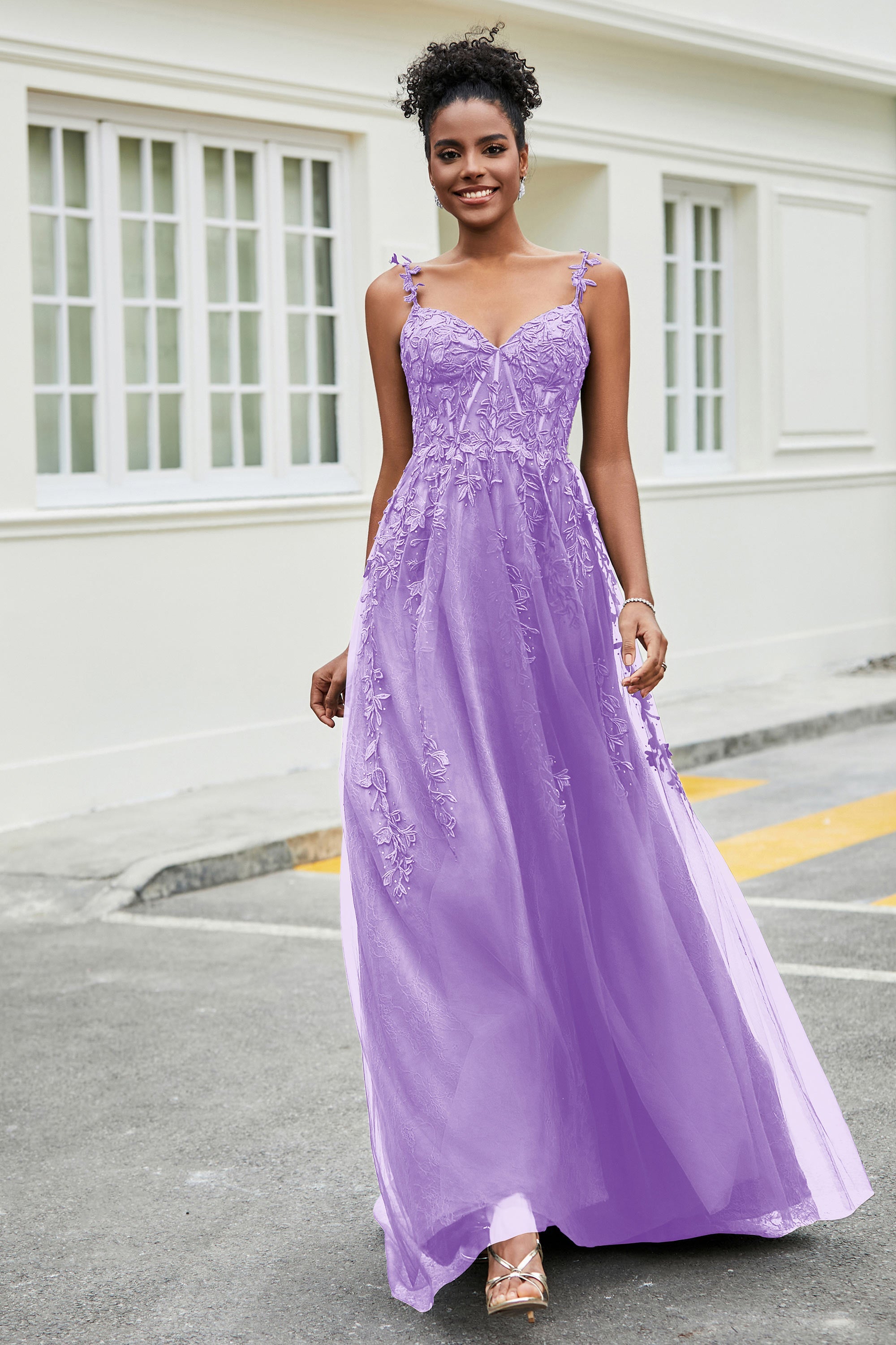 A-Linie Tüll Ballkleid mit Applikationen und Schleppe, mit Schlitz, formelle Abendkleider