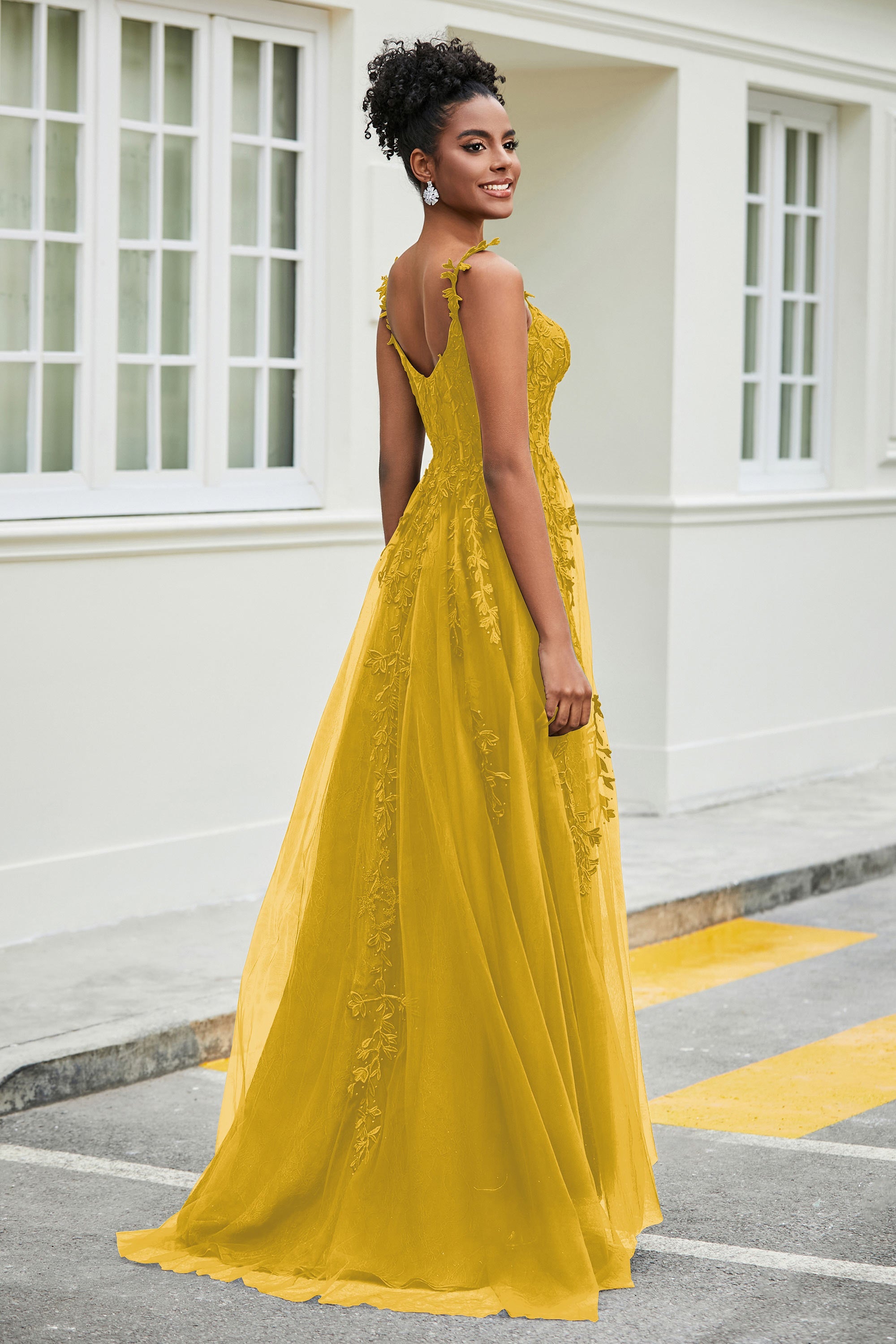 A-Linie Tüll Ballkleid mit Applikationen und Schleppe, mit Schlitz, formelle Abendkleider