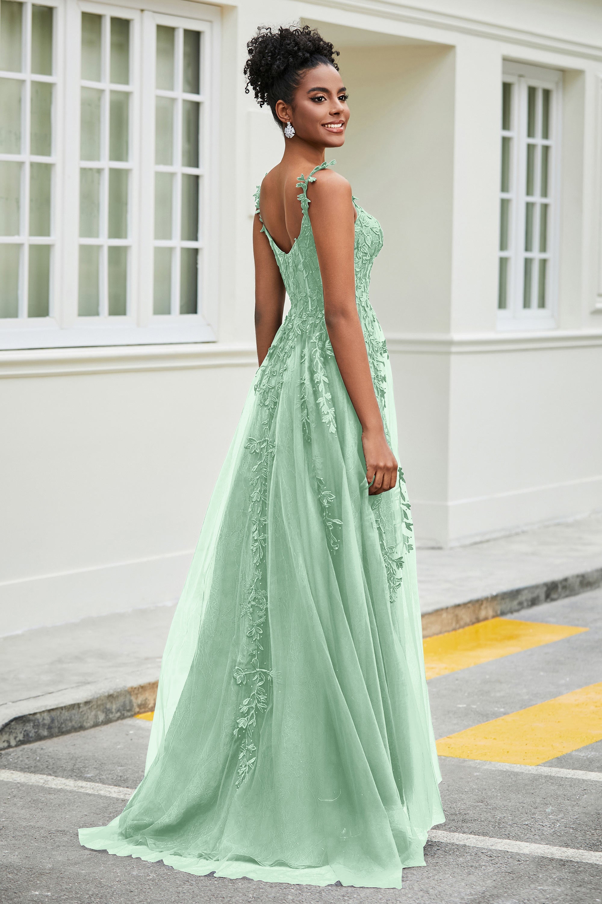 A-Linie Tüll Ballkleid mit Applikationen und Schleppe, mit Schlitz, formelle Abendkleider