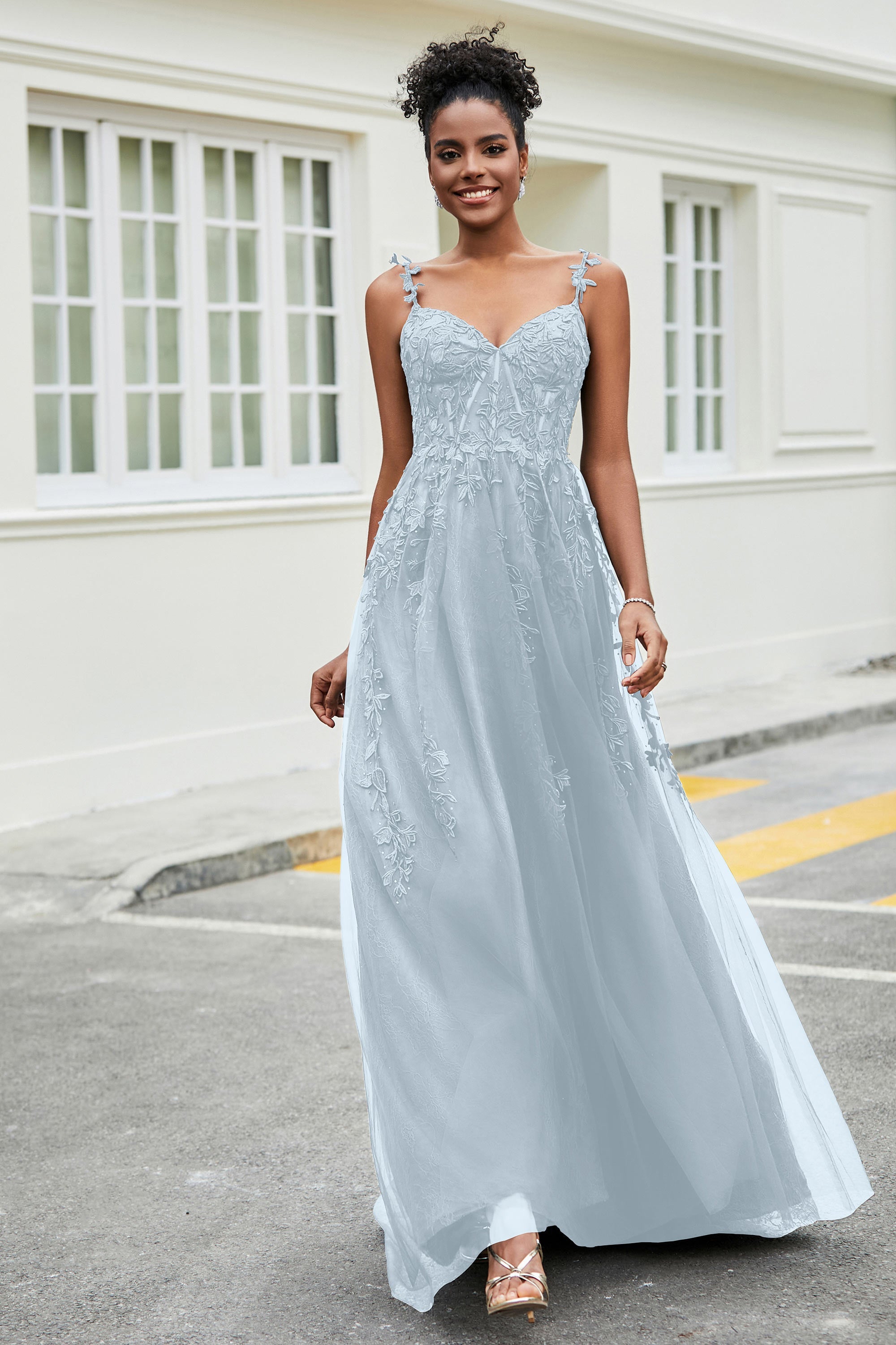 A-Linie Tüll Ballkleid mit Applikationen und Schleppe, mit Schlitz, formelle Abendkleider