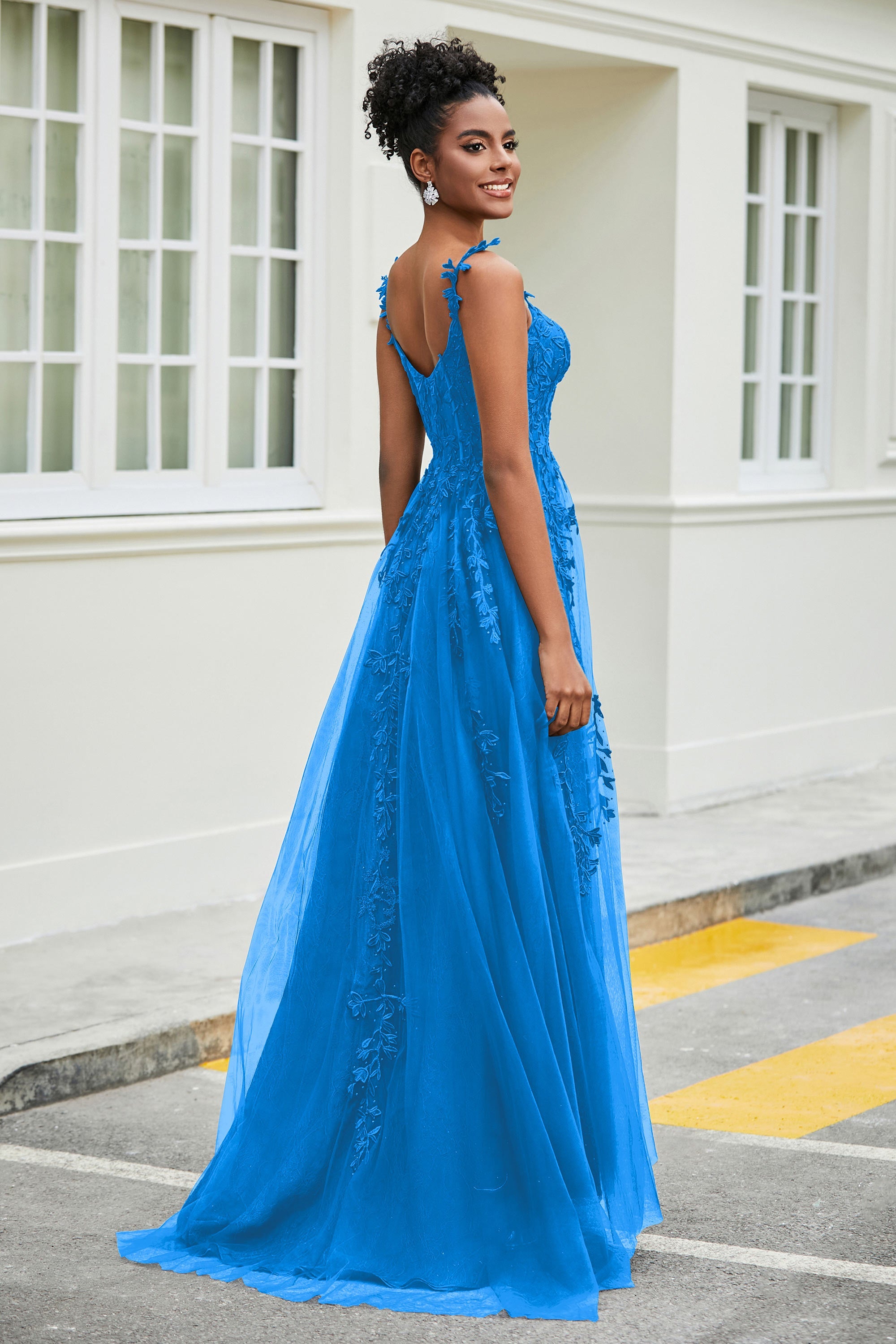 A-Linie Tüll Ballkleid mit Applikationen und Schleppe, mit Schlitz, formelle Abendkleider