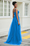 A-Linie Tüll Ballkleid mit Applikationen und Schleppe, mit Schlitz, formelle Abendkleider