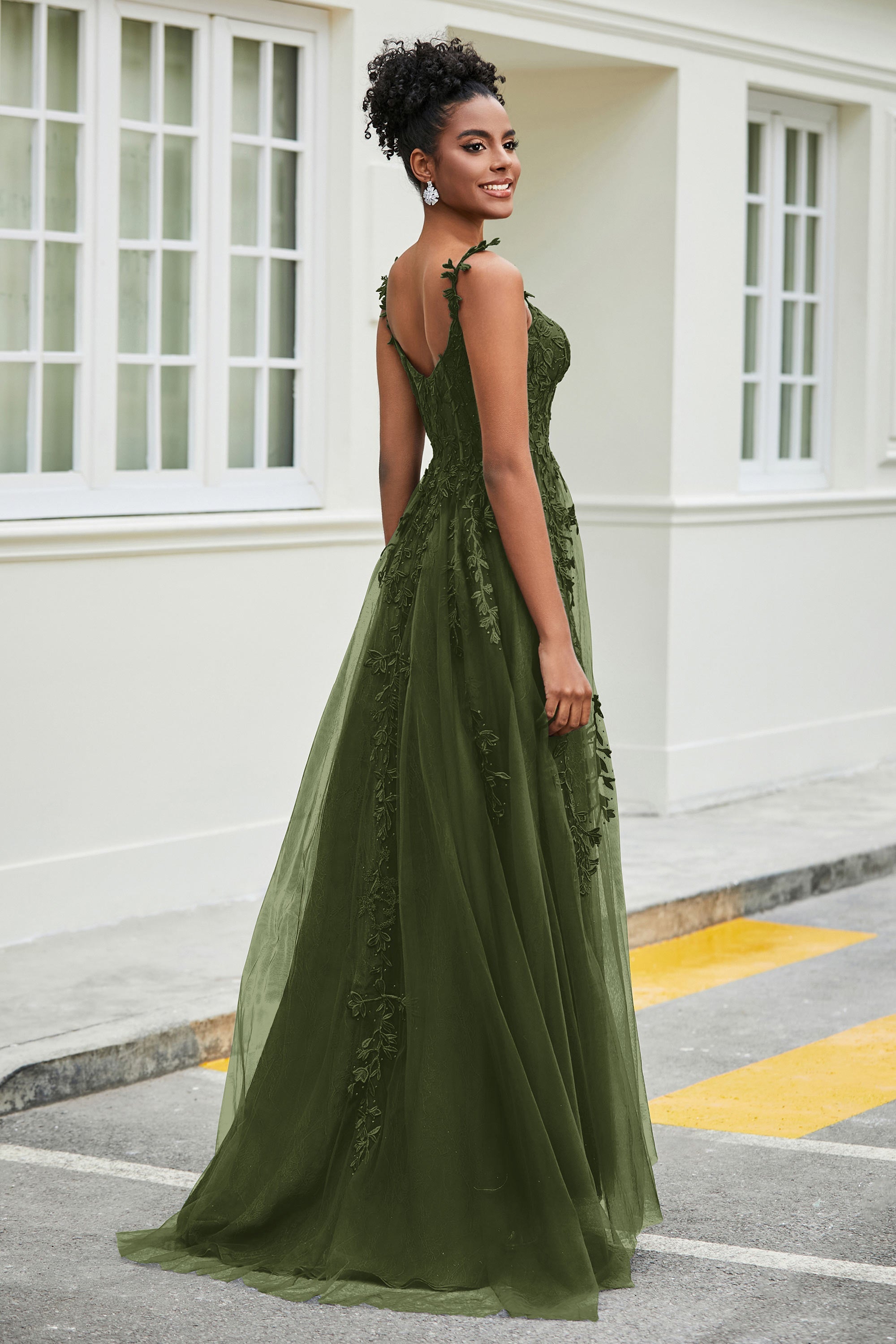 A-Linie Tüll Ballkleid mit Applikationen und Schleppe, mit Schlitz, formelle Abendkleider