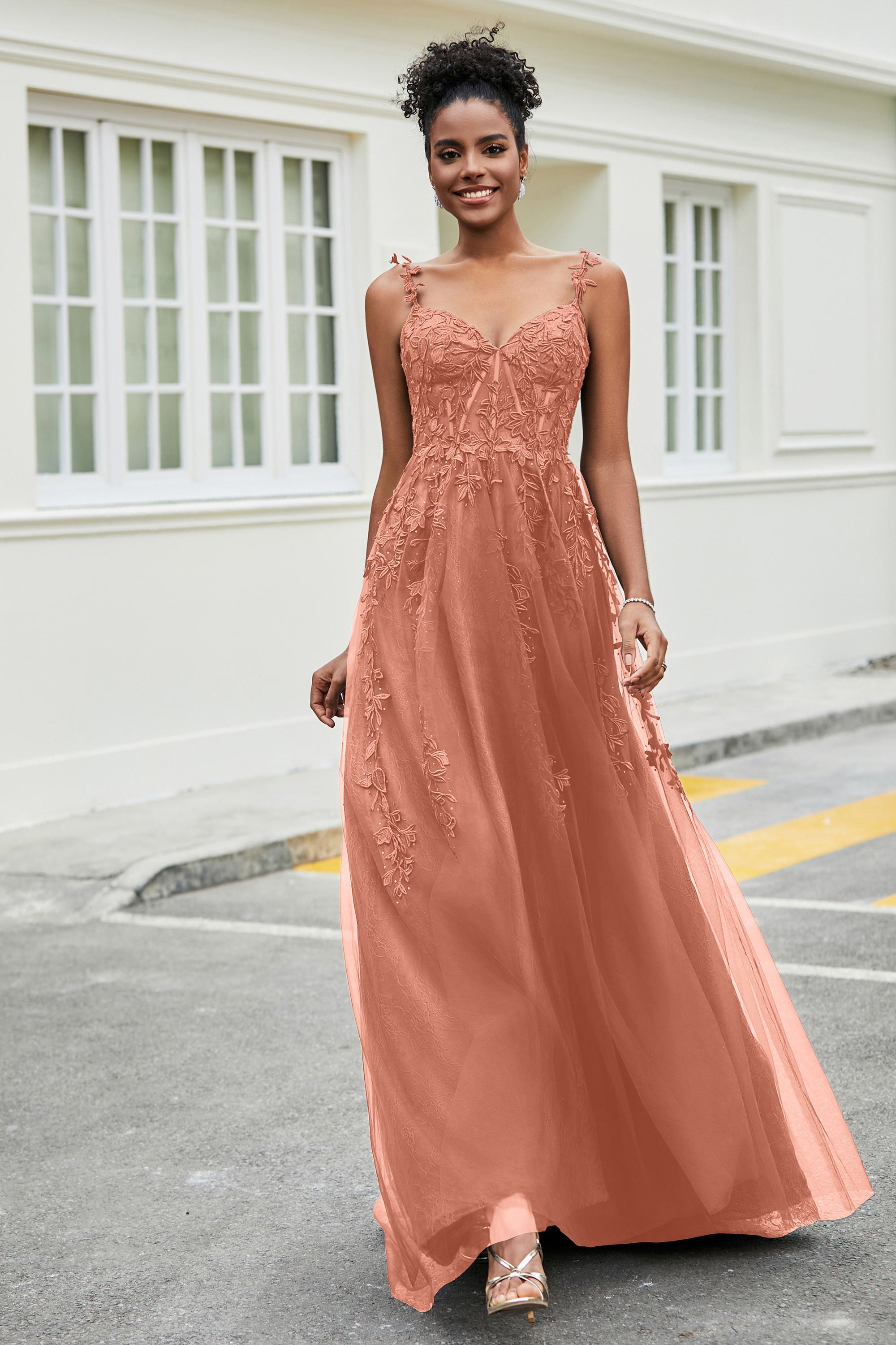 A-Linie Tüll Ballkleid mit Applikationen und Schleppe, mit Schlitz, formelle Abendkleider