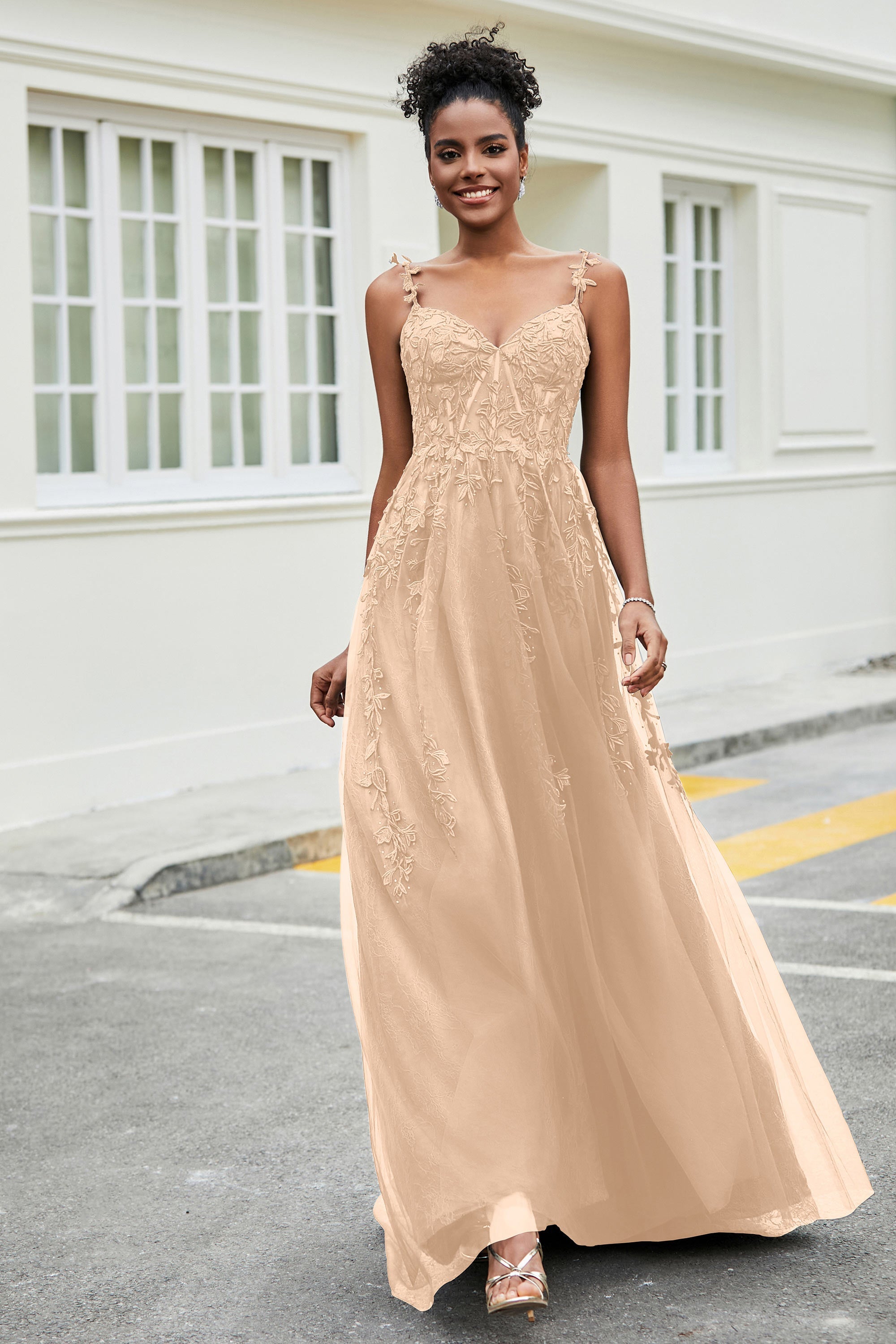 A-Linie Tüll Ballkleid mit Applikationen und Schleppe, mit Schlitz, formelle Abendkleider