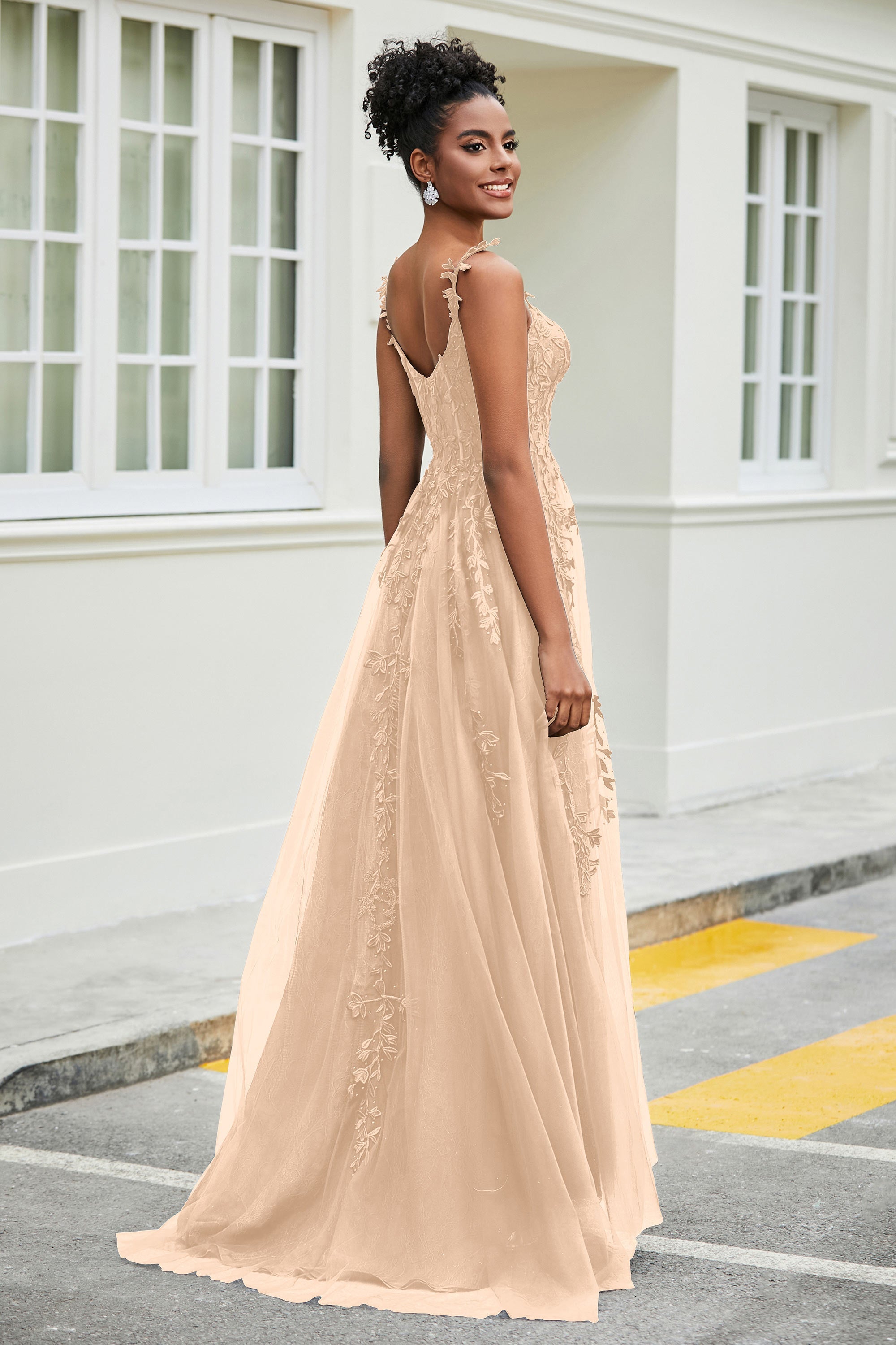 A-Linie Tüll Ballkleid mit Applikationen und Schleppe, mit Schlitz, formelle Abendkleider