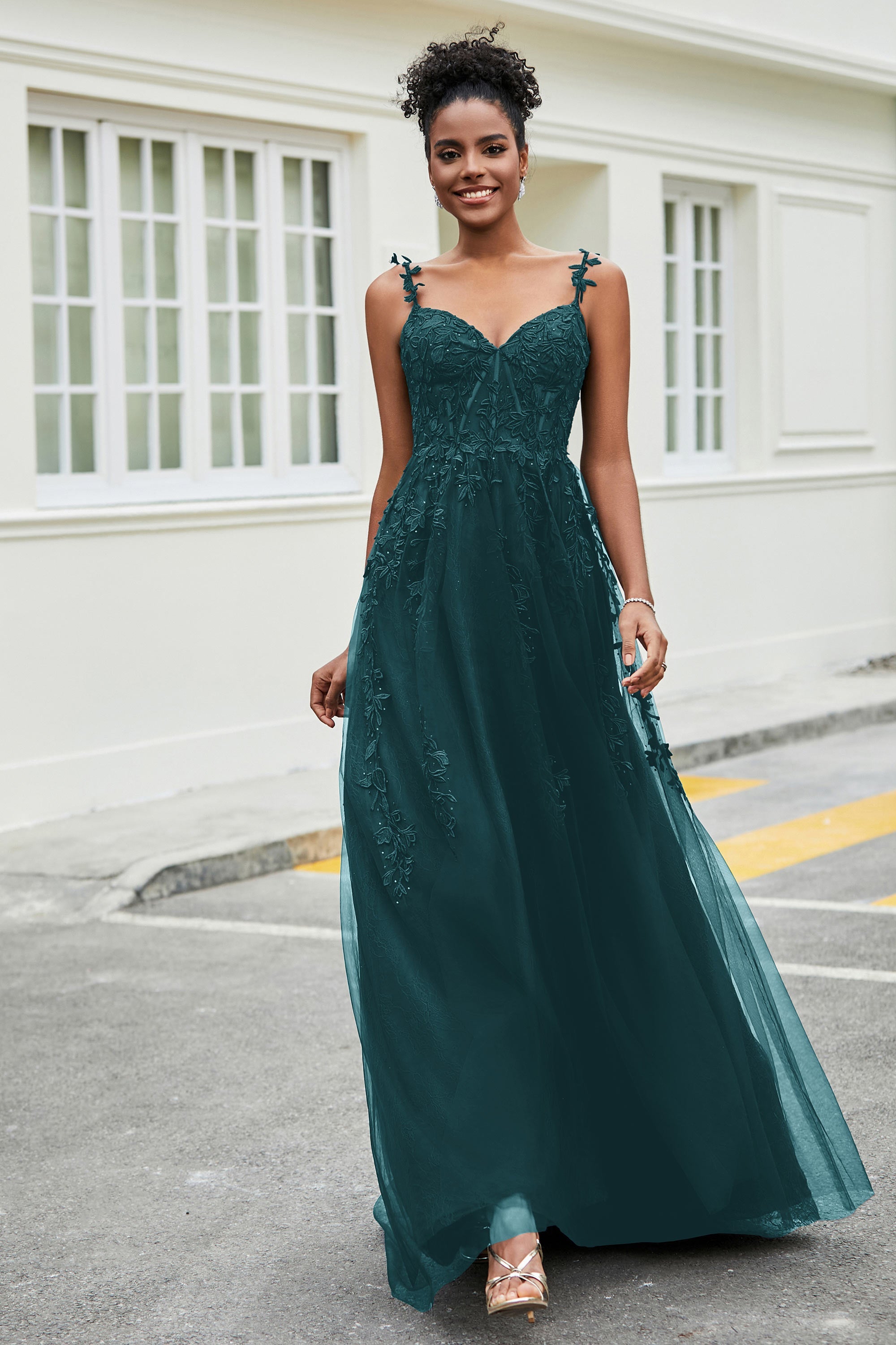 A-Linie Tüll Ballkleid mit Applikationen und Schleppe, mit Schlitz, formelle Abendkleider