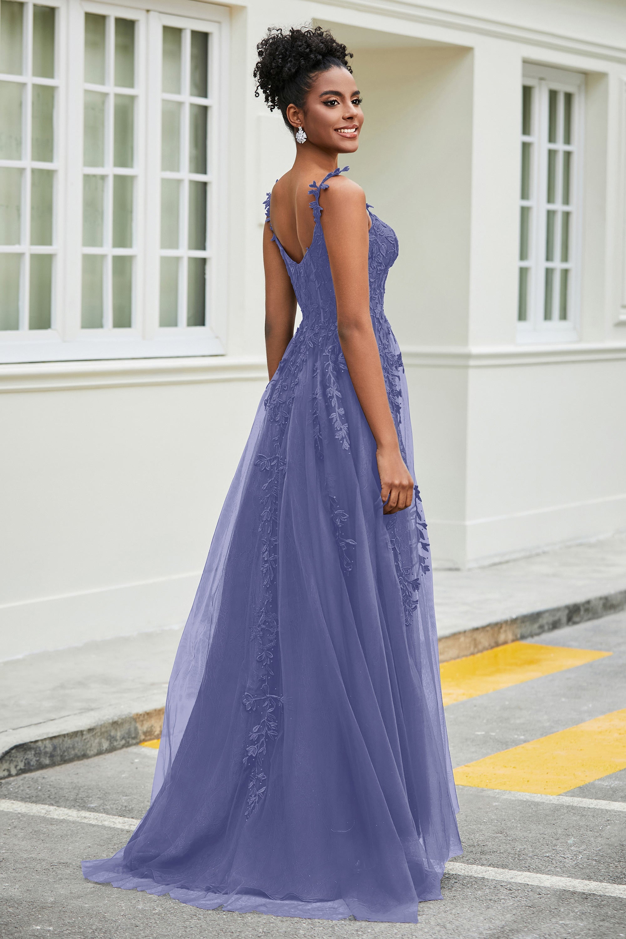 A-Linie Tüll Ballkleid mit Applikationen und Schleppe, mit Schlitz, formelle Abendkleider