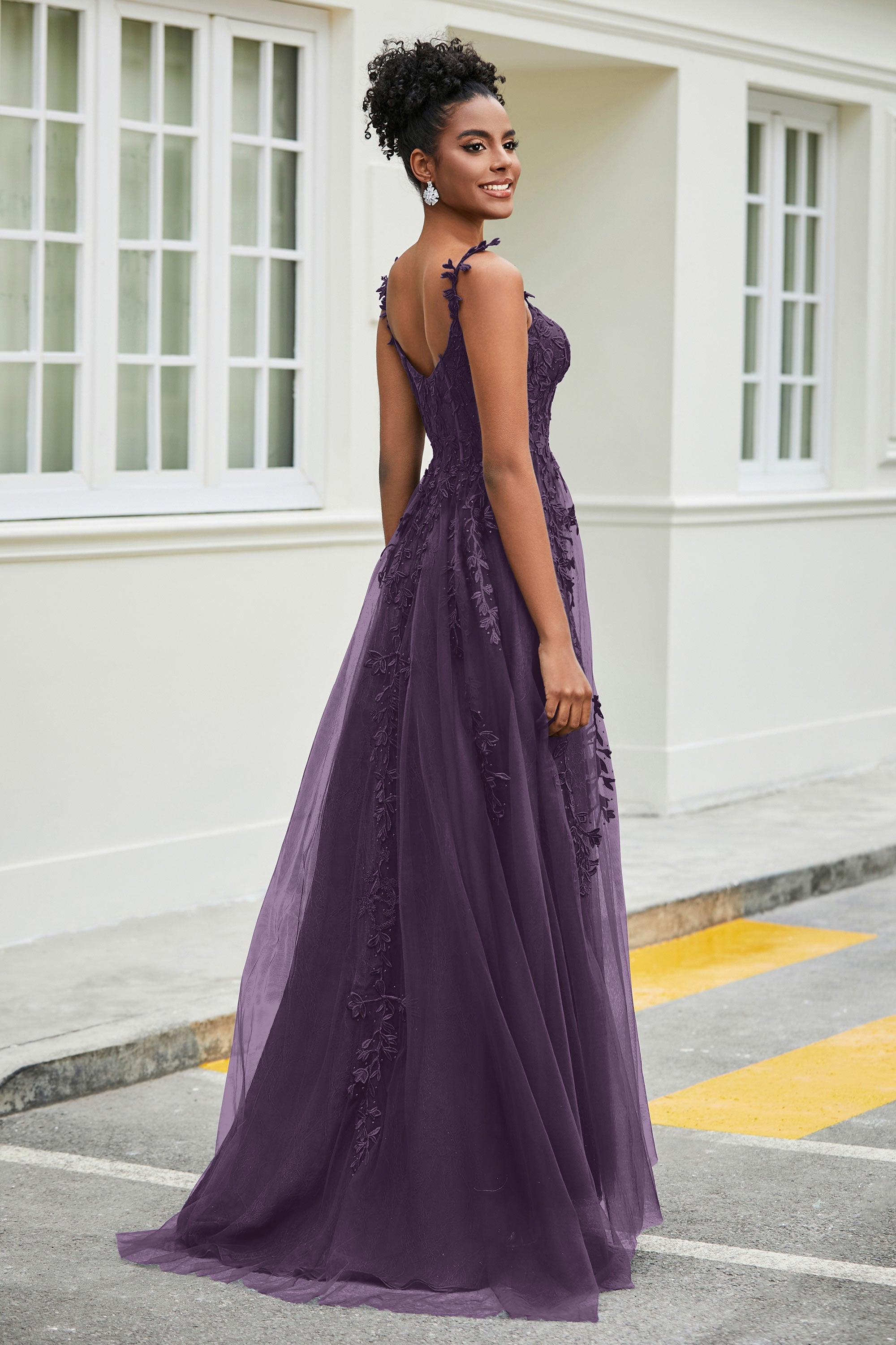 A-Linie Tüll Ballkleid mit Applikationen und Schleppe, mit Schlitz, formelle Abendkleider