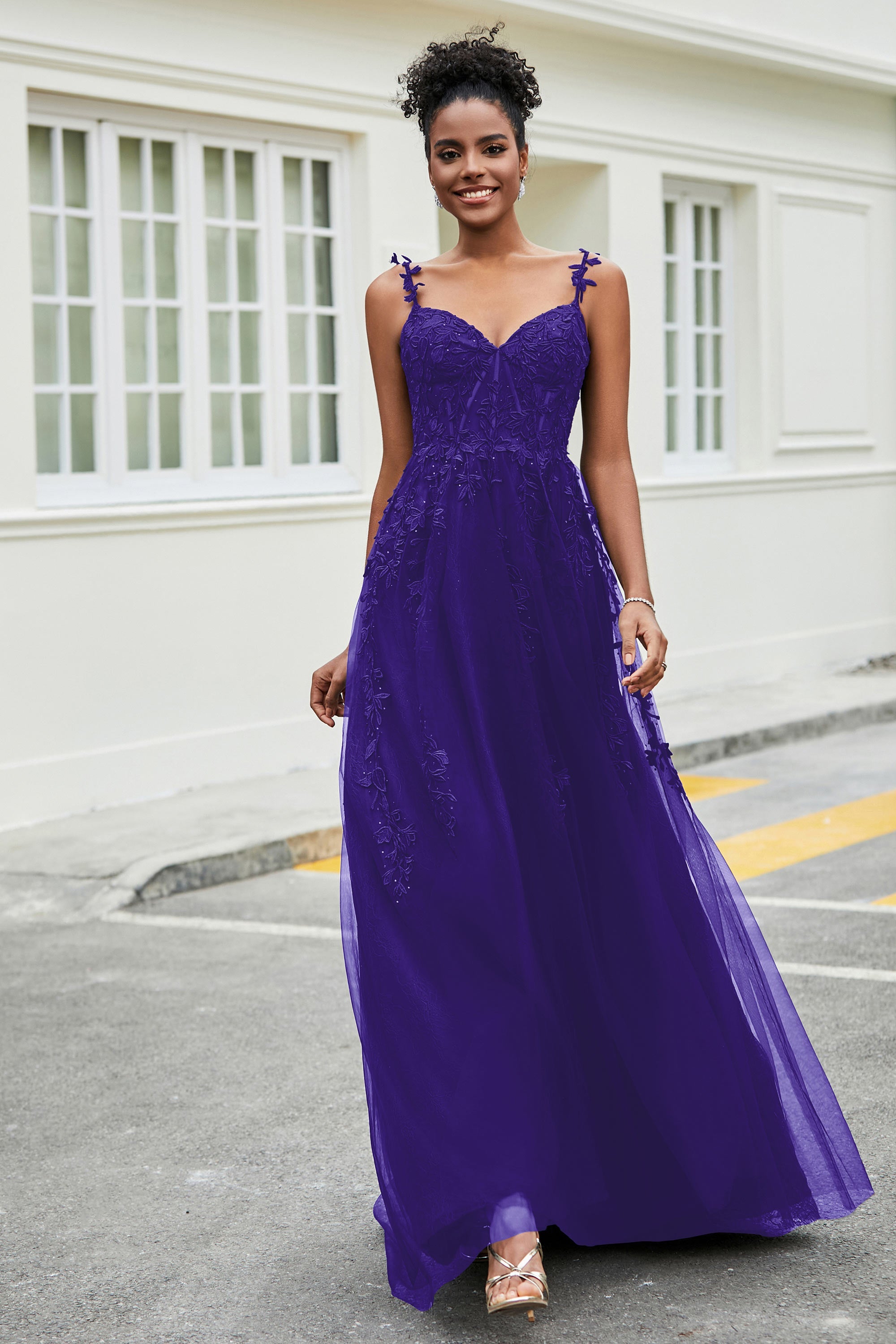 A-Linie Tüll Ballkleid mit Applikationen und Schleppe, mit Schlitz, formelle Abendkleider