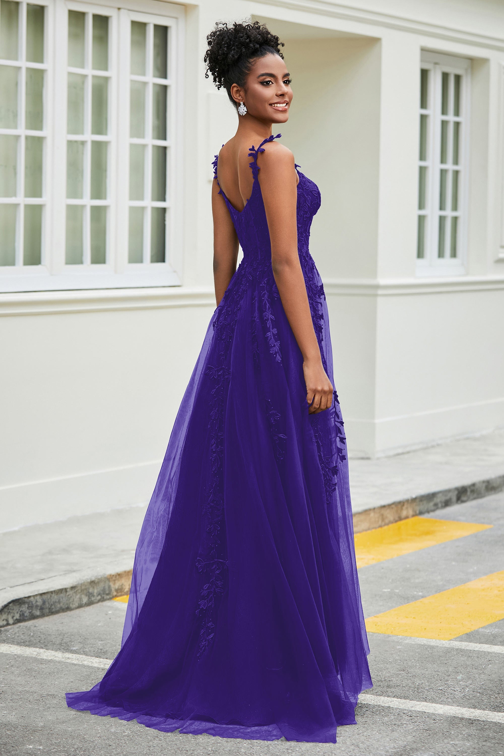 A-Linie Tüll Ballkleid mit Applikationen und Schleppe, mit Schlitz, formelle Abendkleider