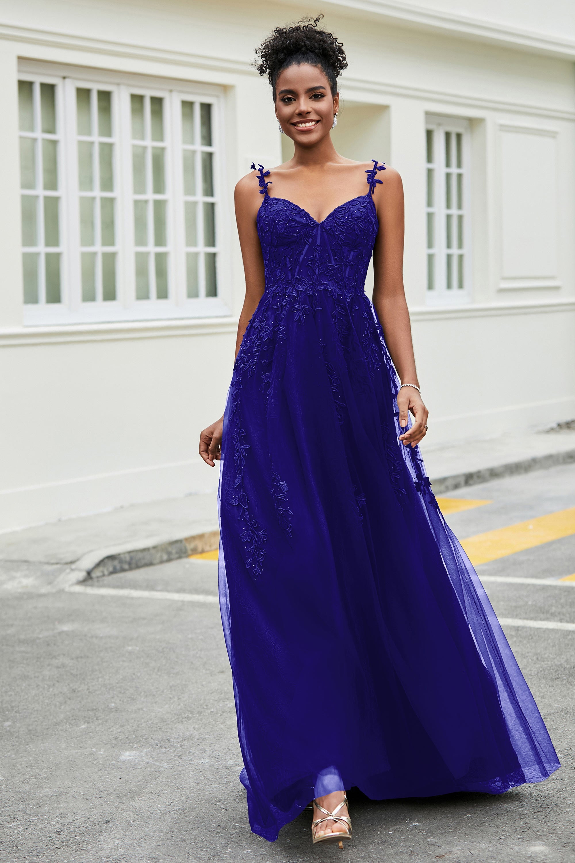 A-Linie Tüll Ballkleid mit Applikationen und Schleppe, mit Schlitz, formelle Abendkleider