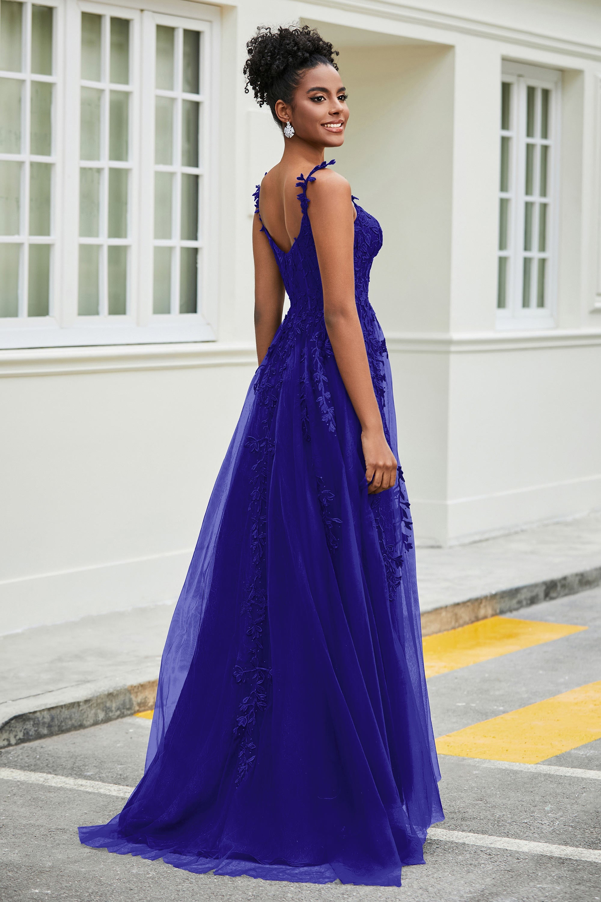 A-Linie Tüll Ballkleid mit Applikationen und Schleppe, mit Schlitz, formelle Abendkleider