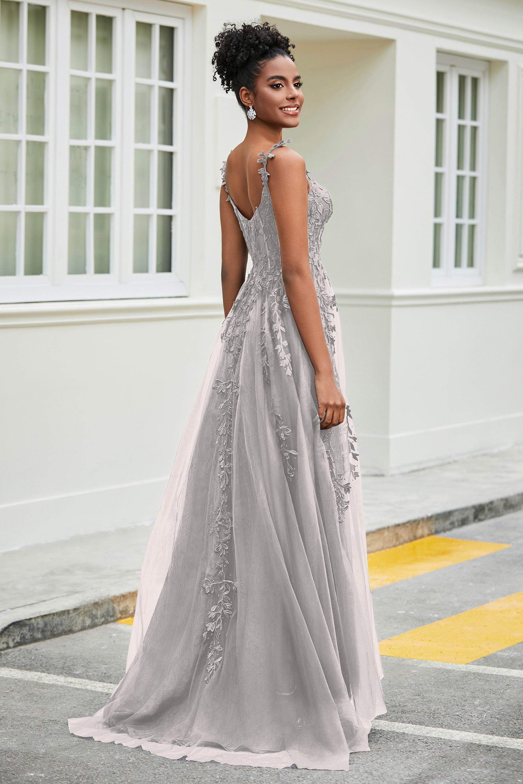 A-Linie Tüll Ballkleid mit Applikationen und Schleppe, mit Schlitz, formelle Abendkleider