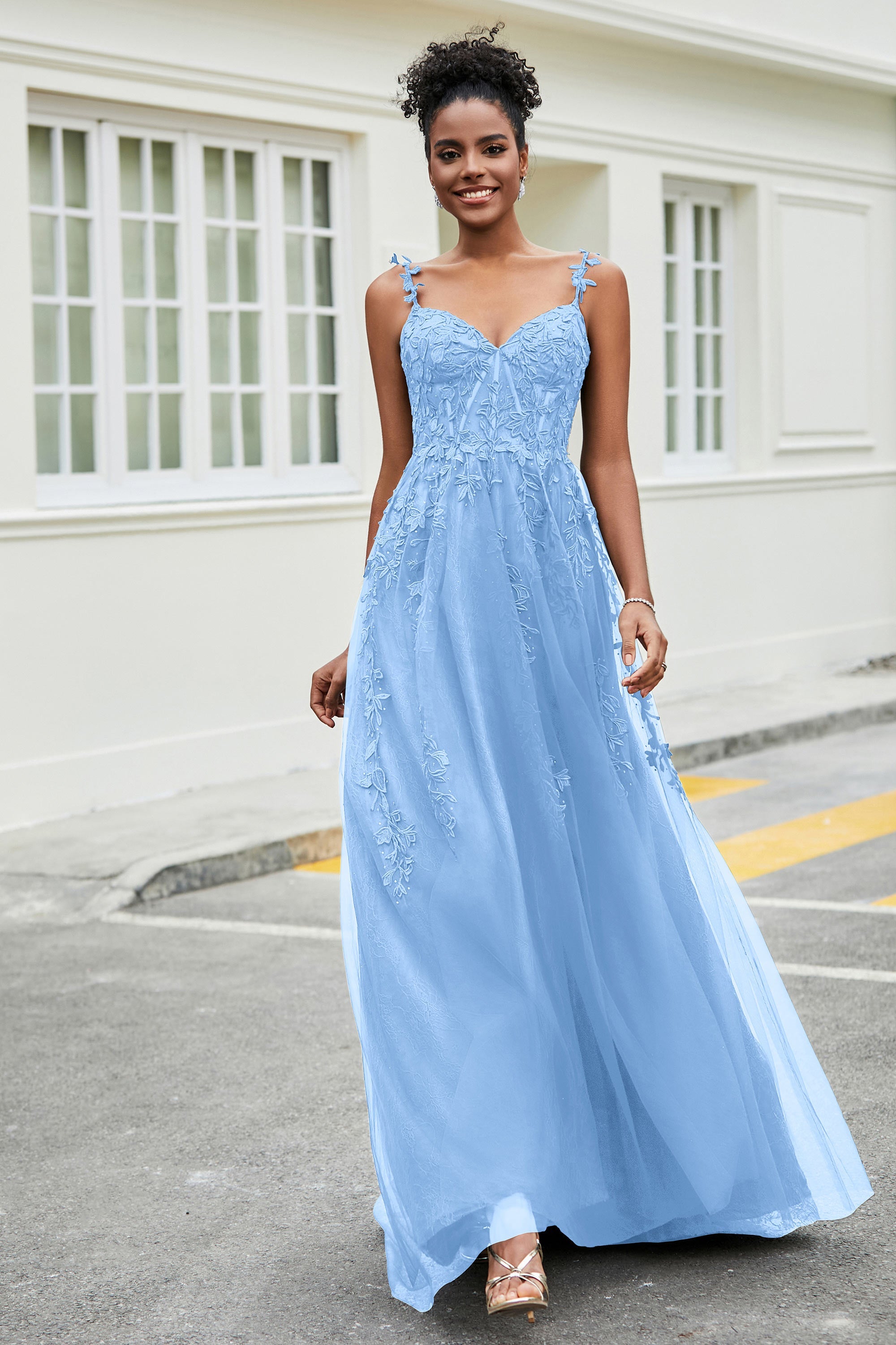 A-Linie Tüll Ballkleid mit Applikationen und Schleppe, mit Schlitz, formelle Abendkleider