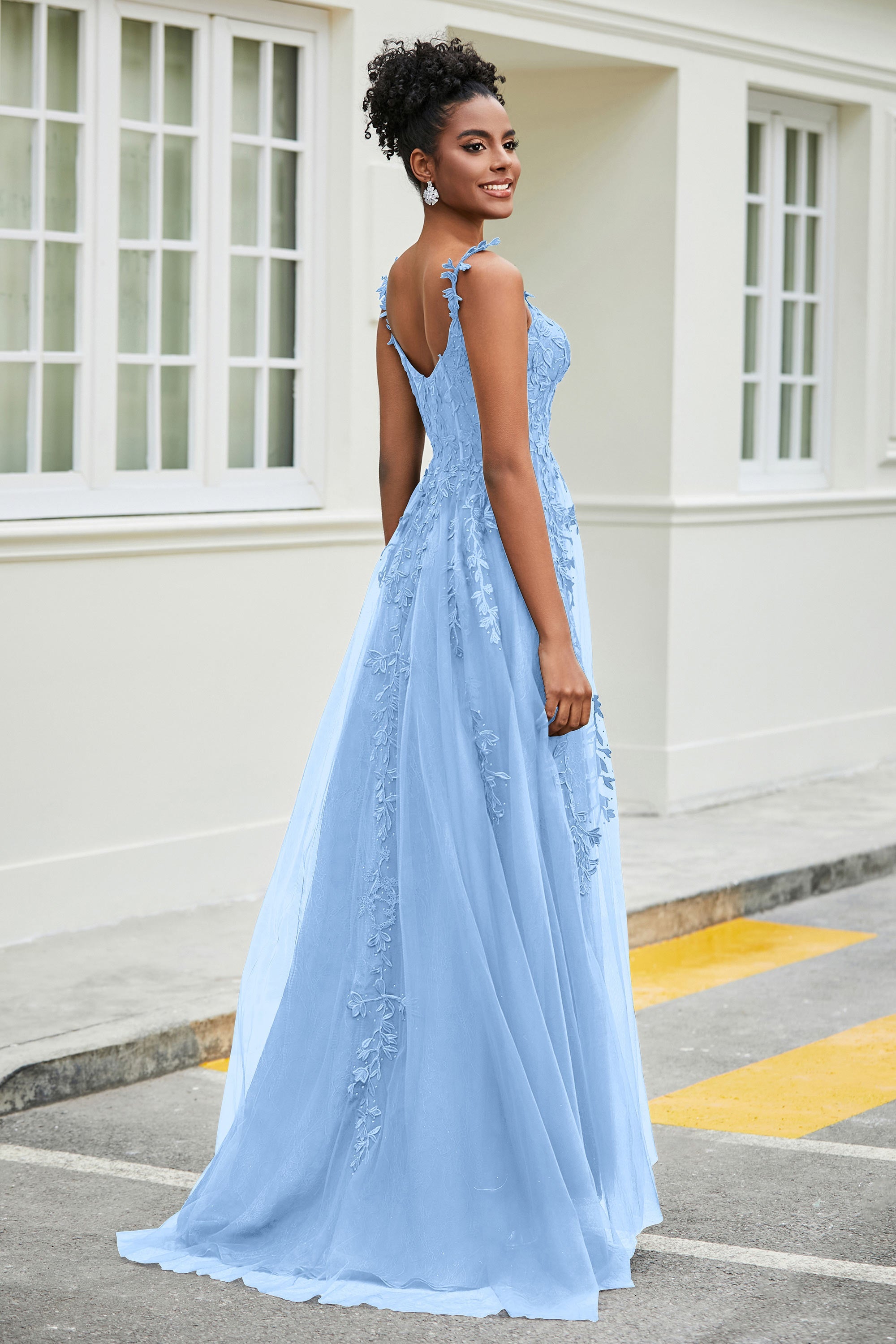A-Linie Tüll Ballkleid mit Applikationen und Schleppe, mit Schlitz, formelle Abendkleider