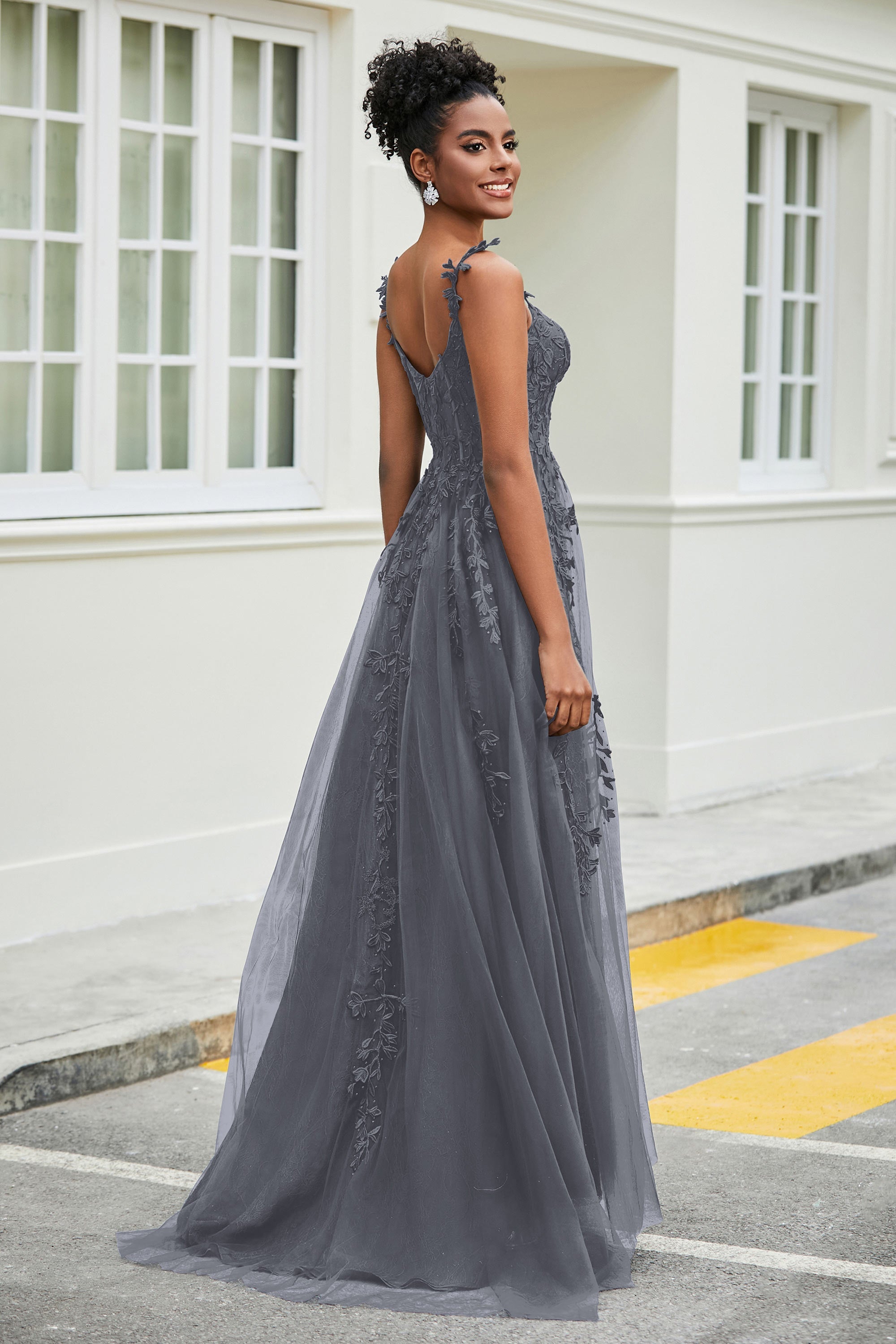 A-Linie Tüll Ballkleid mit Applikationen und Schleppe, mit Schlitz, formelle Abendkleider
