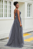 A-Linie Tüll Ballkleid mit Applikationen und Schleppe, mit Schlitz, formelle Abendkleider