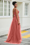 A-Linie Tüll Ballkleid mit Applikationen und Schleppe, mit Schlitz, formelle Abendkleider