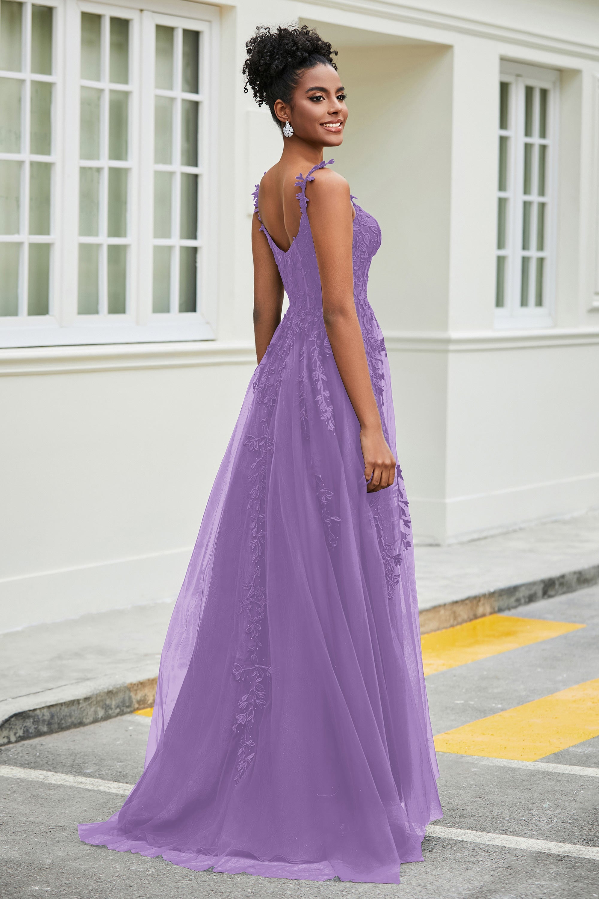 A-Linie Tüll Ballkleid mit Applikationen und Schleppe, mit Schlitz, formelle Abendkleider