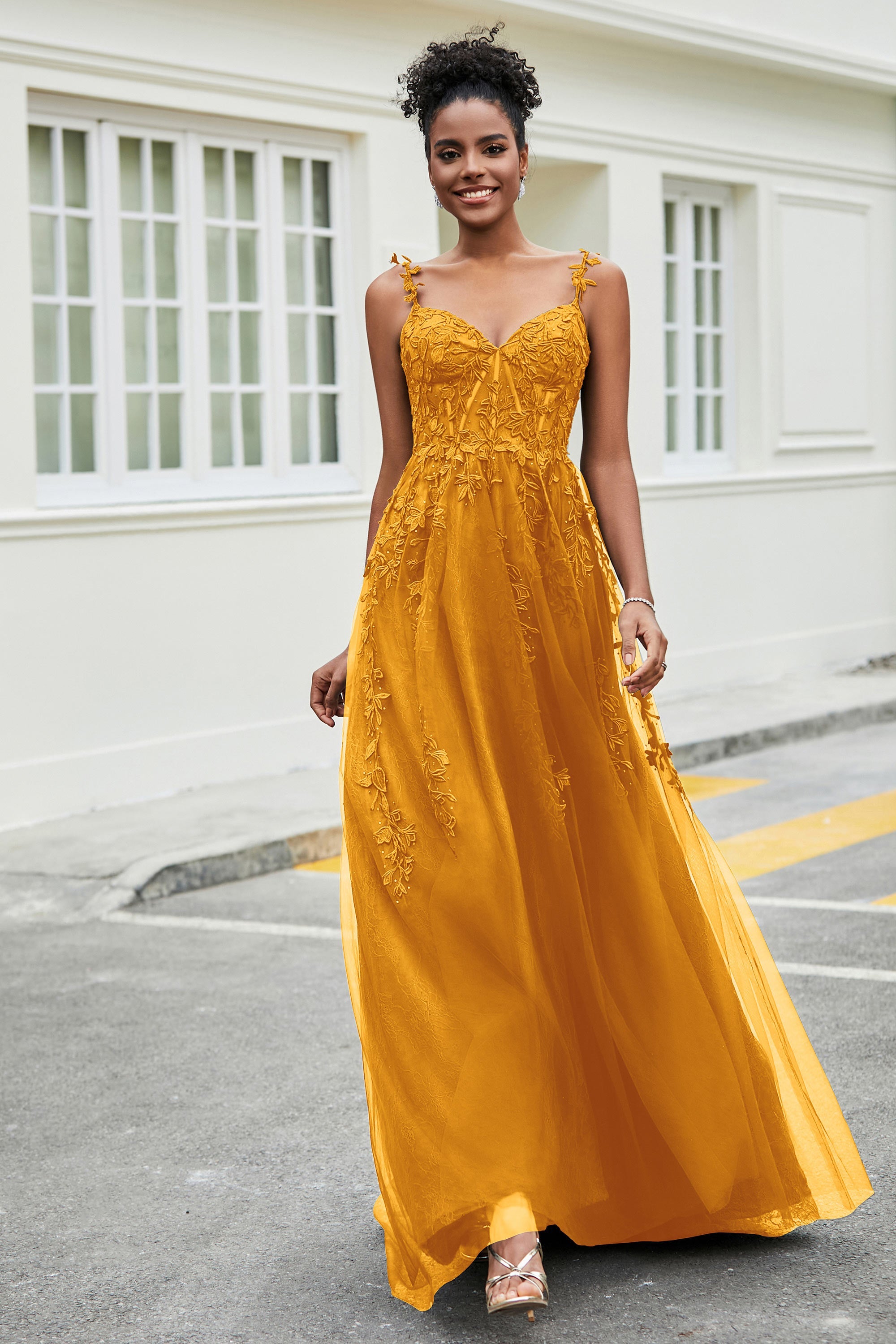 A-Linie Tüll Ballkleid mit Applikationen und Schleppe, mit Schlitz, formelle Abendkleider