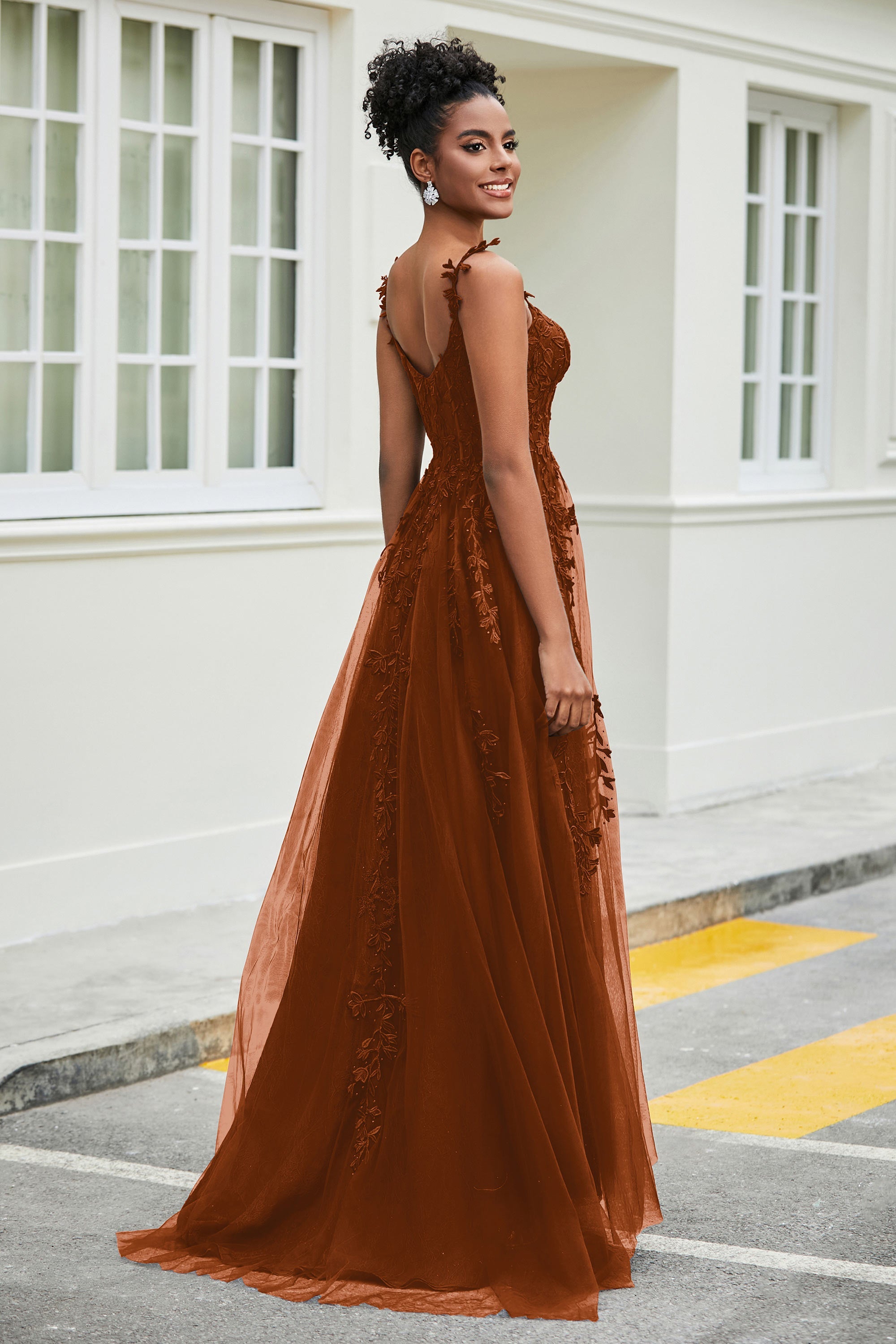 A-Linie Tüll Ballkleid mit Applikationen und Schleppe, mit Schlitz, formelle Abendkleider