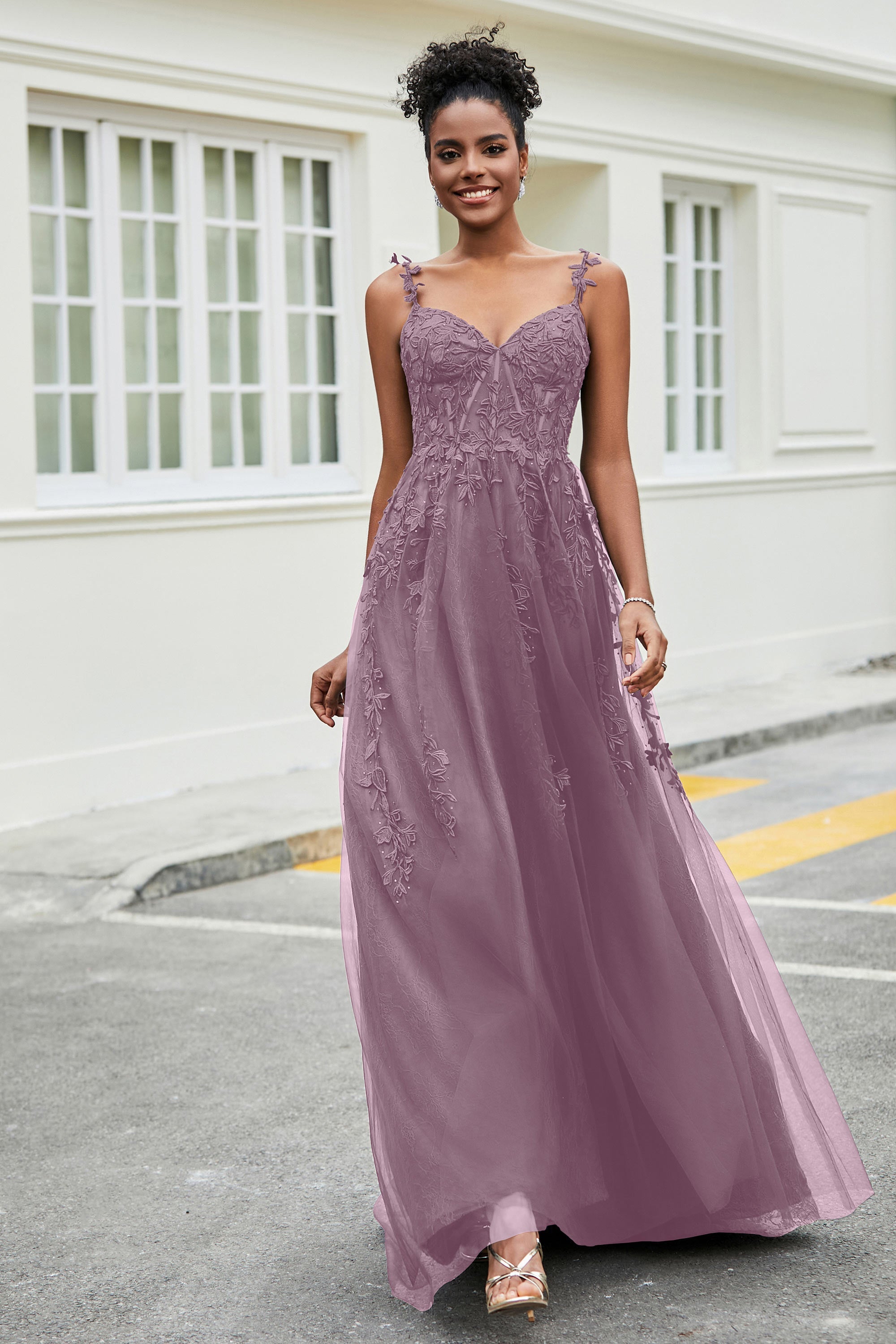 A-Linie Tüll Ballkleid mit Applikationen und Schleppe, mit Schlitz, formelle Abendkleider