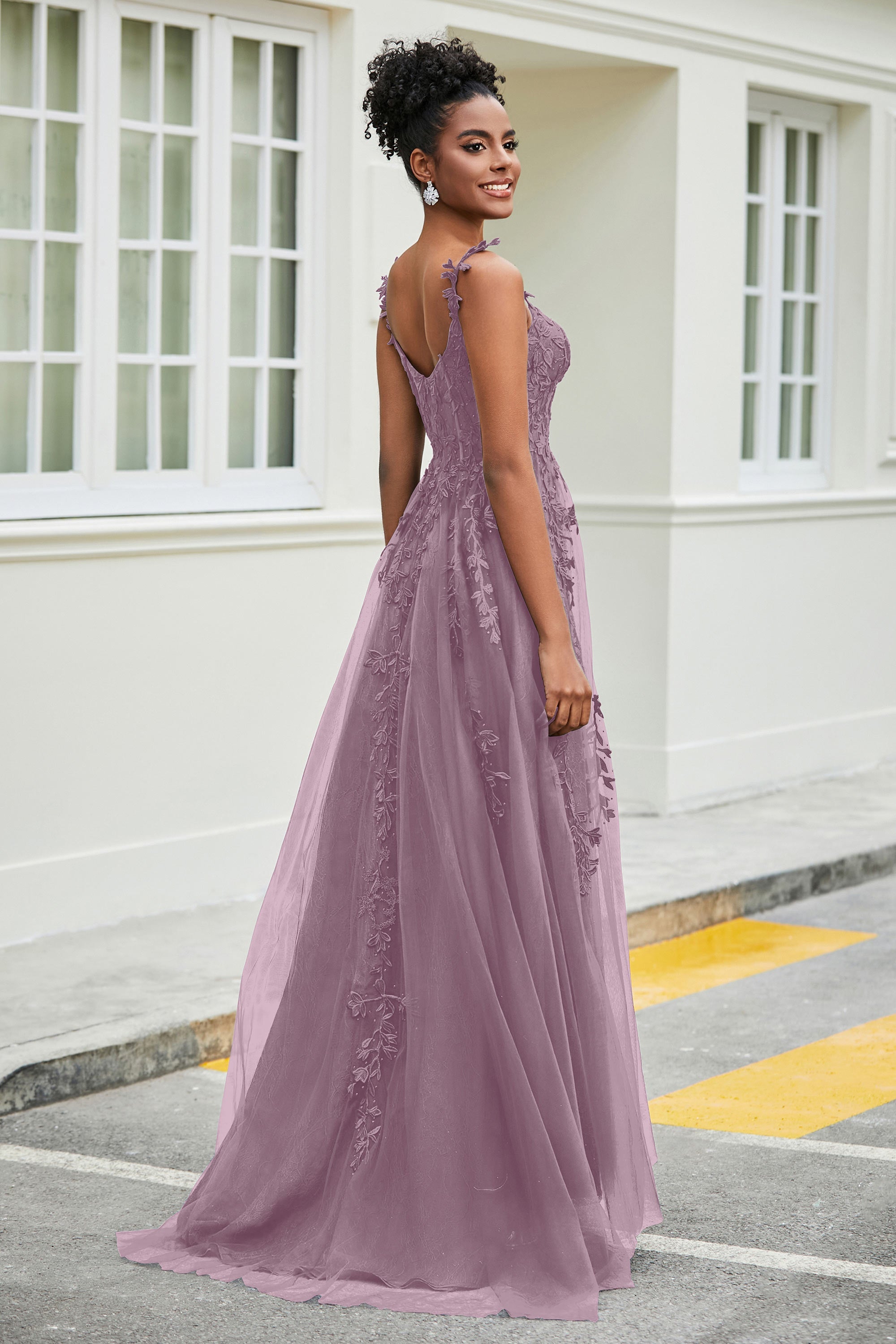 A-Linie Tüll Ballkleid mit Applikationen und Schleppe, mit Schlitz, formelle Abendkleider