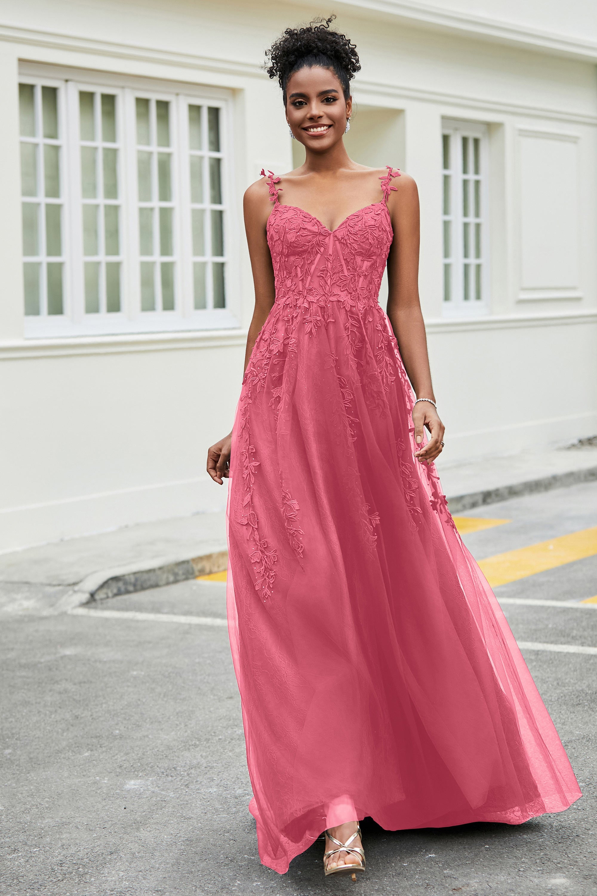 A-Linie Tüll Ballkleid mit Applikationen und Schleppe, mit Schlitz, formelle Abendkleider