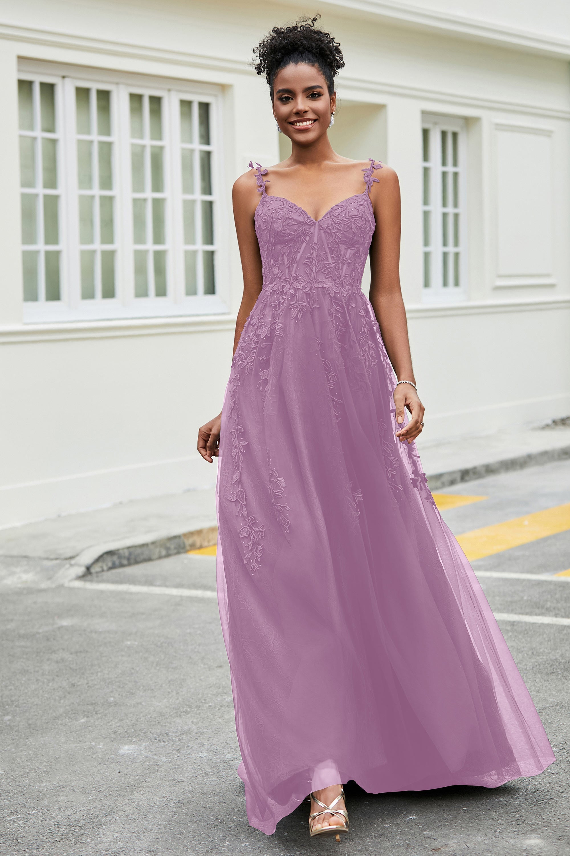 A-Linie Tüll Ballkleid mit Applikationen und Schleppe, mit Schlitz, formelle Abendkleider