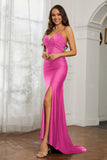Rhinestone Lace Up Sheath Jersey Formal Evening Mermaid Dress With Slit Prom Party Dress