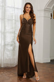 Rhinestone Lace Up Sheath Jersey Formal Evening Mermaid Dress With Slit Prom Party Dress