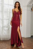 Rhinestone Lace Up Sheath Jersey Formal Evening Mermaid Dress With Slit Prom Party Dress