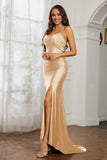 Rhinestone Lace Up Sheath Jersey Formal Evening Mermaid Dress With Slit Prom Party Dress