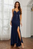 Rhinestone Lace Up Sheath Jersey Formal Evening Mermaid Dress With Slit Prom Party Dress