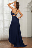 Rhinestone Lace Up Sheath Jersey Formal Evening Mermaid Dress With Slit Prom Party Dress