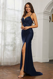 Rhinestone Lace Up Sheath Jersey Formal Evening Mermaid Dress With Slit Prom Party Dress