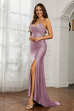 Rhinestone Lace Up Sheath Jersey Formal Evening Mermaid Dress With Slit Prom Party Dress