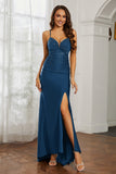 Rhinestone Lace Up Sheath Jersey Formal Evening Mermaid Dress With Slit Prom Party Dress