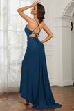 Rhinestone Lace Up Sheath Jersey Formal Evening Mermaid Dress With Slit Prom Party Dress