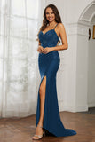 Rhinestone Lace Up Sheath Jersey Formal Evening Mermaid Dress With Slit Prom Party Dress