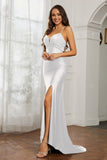 Rhinestone Lace Up Sheath Jersey Formal Evening Mermaid Dress With Slit Prom Party Dress