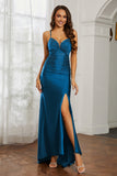 Rhinestone Lace Up Sheath Jersey Formal Evening Mermaid Dress With Slit Prom Party Dress